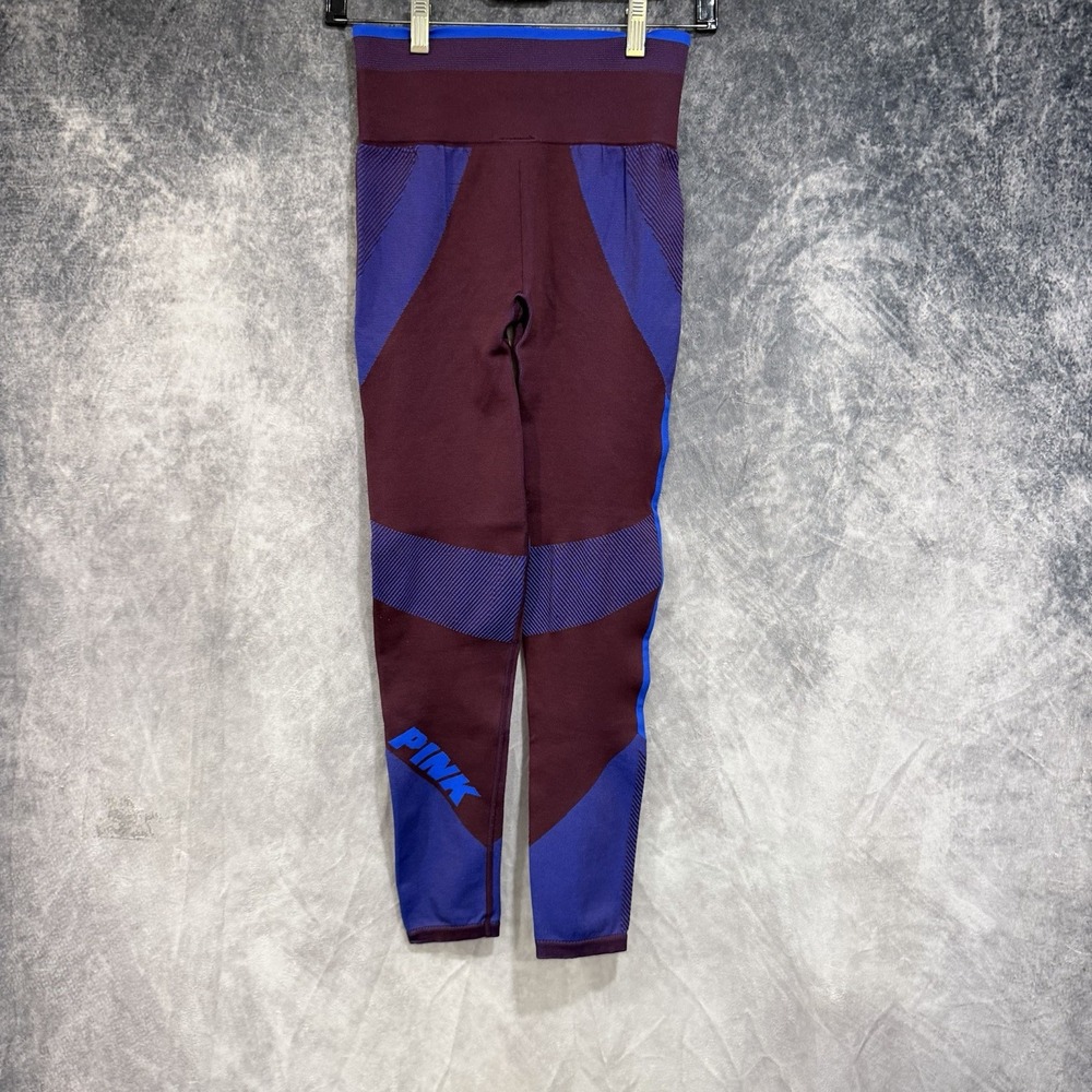 Victorias Secret PINK Cool & Comfy Leggings Small Burgundy & Blue Leg Print